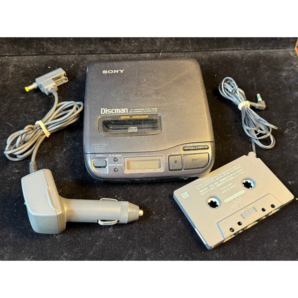 Vintage Sony Discman D-34 Portable CD Player- Mega Bass w/Car Kit and Case WORKS